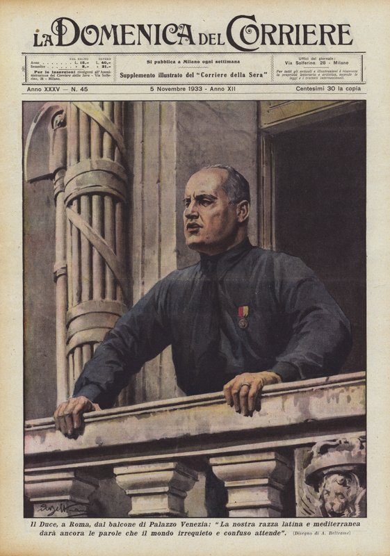 Il Duce, Rómában, a Palazzo Venezia erkélyéről, ad-e még latin és mediterrán fajunk? alkotó: Achille Beltrame