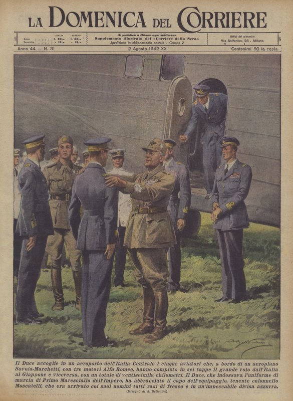 Az Il Duce üdvözli azt az öt repülőt, akik a fedélzeten? alkotó: Achille Beltrame