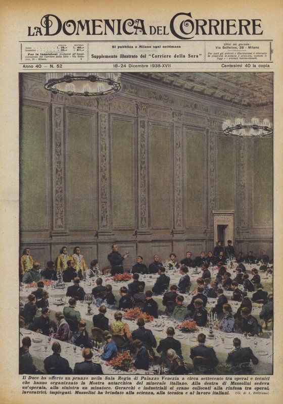 A Duce kínált ebédet a Palazzo Venezia Sala Regiában körülbelül hétszáz munkásnak? alkotó: Achille Beltrame