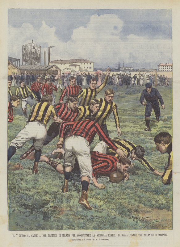 A futballjáték a milánói ügetőben a királyi érem megszerzéséért, a Milan és Torinó közötti döntő mérkőzés alkotó: Achille Beltrame