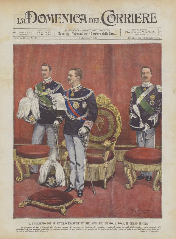 Vittorio Emanuele III. király esküje ° A római szenátus teremben, 11. napon Corr. alkotó: Achille Beltrame
