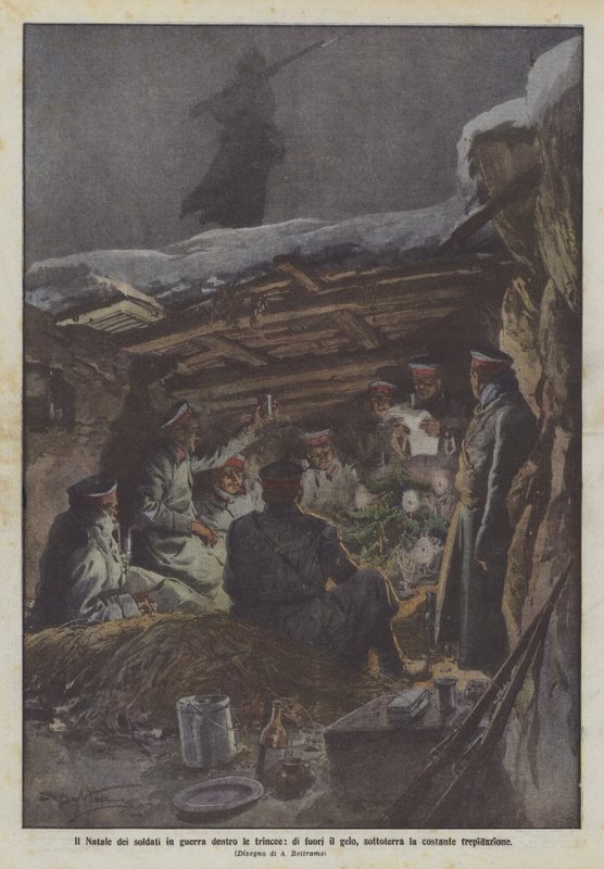 A lövészárkokban háborúzó katonák karácsonya, kint a fagy, a föld alatti állandó rettegés alkotó: Achille Beltrame