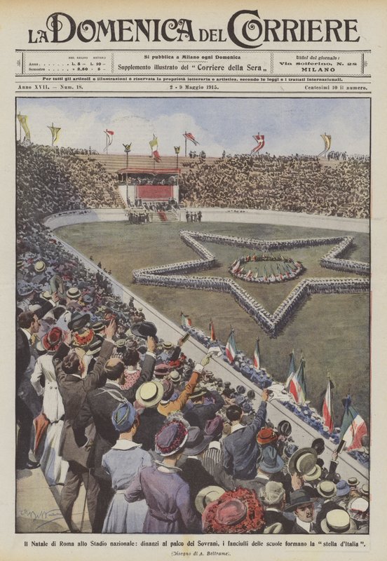 Róma karácsonya a Nemzeti Stadionban, az Uralkodók, iskolások páholya előtt? alkotó: Achille Beltrame