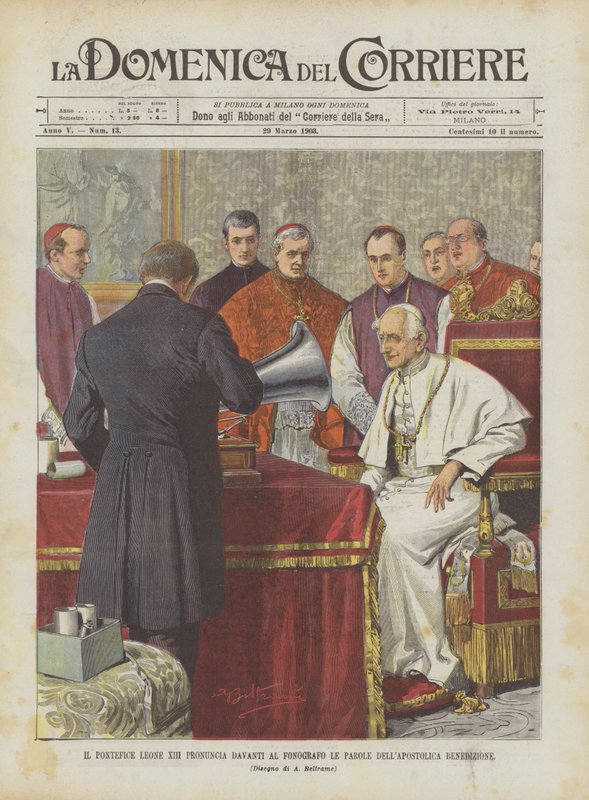 XIII. Leó pápa a fonográf előtt kimondja az apostoli áldás szavait alkotó: Achille Beltrame
