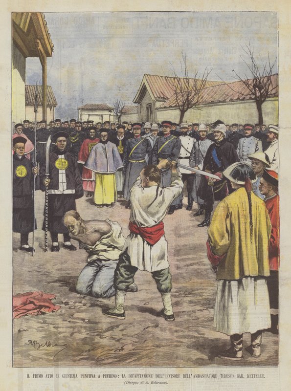 Az első büntető igazságszolgáltatási törvény Pekingben, A nagykövet lefejezte a gyilkost? alkotó: Achille Beltrame
