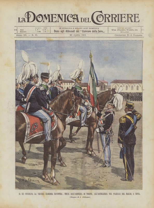 A király a tüzérséghez szállítja a régi, dicsőséges zászlót, amelyet eltávolítottak a torinói fegyverraktárból? alkotó: Achille Beltrame