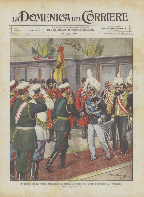 III. Vittorio Emanuele király utazása Oroszországba, találkozás a cárral Peterhofban 13-án alkotó: Achille Beltrame