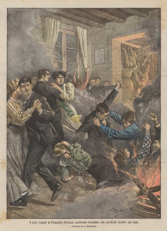 Fucecchio (Firenze) tragikus tánca, egy égő padló, amely összeomlik egy buli során alkotó: Achille Beltrame