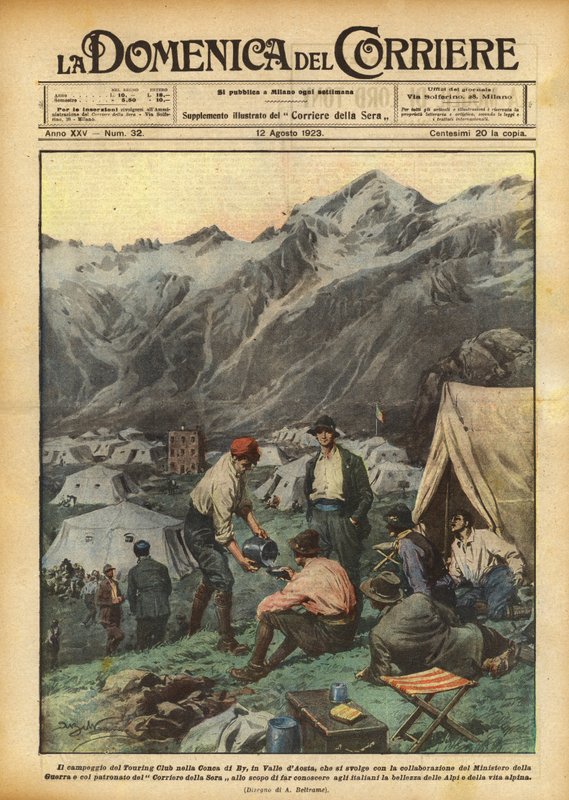 A Touring Club kemping a Conca di Byben, az Aosta-völgyben, amely a? alkotó: Achille Beltrame