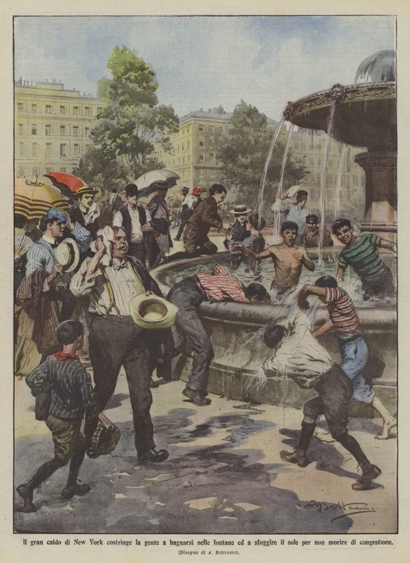 A New York-i nagy meleg arra kényszeríti az embereket, hogy fürödjenek a szökőkutakban, és meneküljenek a napfény elől? alkotó: Achille Beltrame