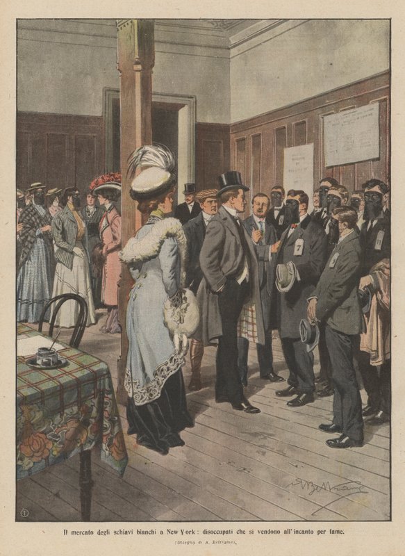 A New York-i fehér rabszolgapiac, munkanélküliek, akik árverésen árulják magukat éhségért (színes litho) alkotó: Achille Beltrame