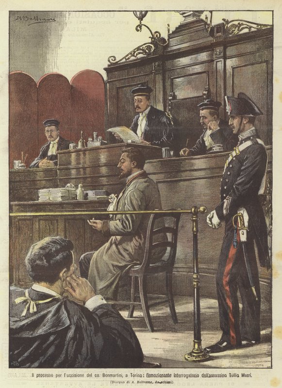 Bonmartini társának meggyilkolásának tárgyalása Torinóban, Tullio Murri gyilkos izgalmas kihallgatása alkotó: Achille Beltrame