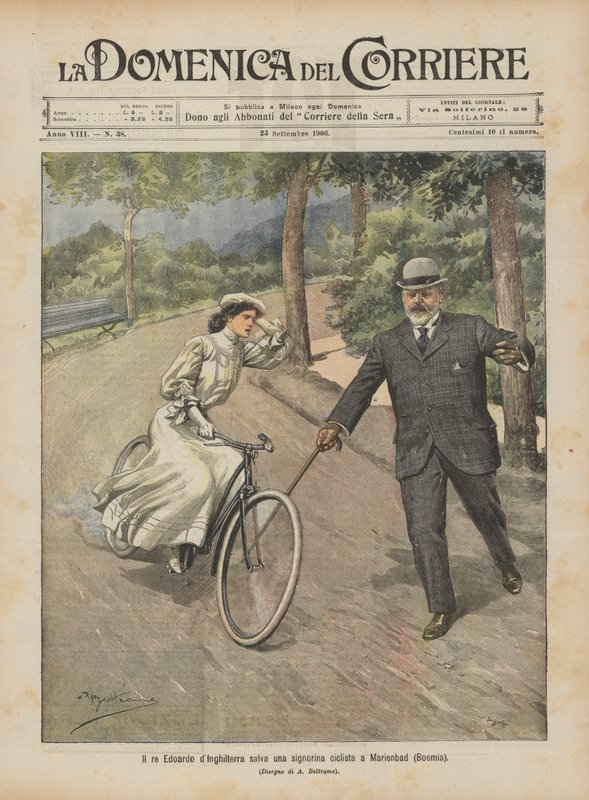Edward angol király megment egy fiatal kerékpáros hölgyet Marienbadban (Csehország) alkotó: Achille Beltrame