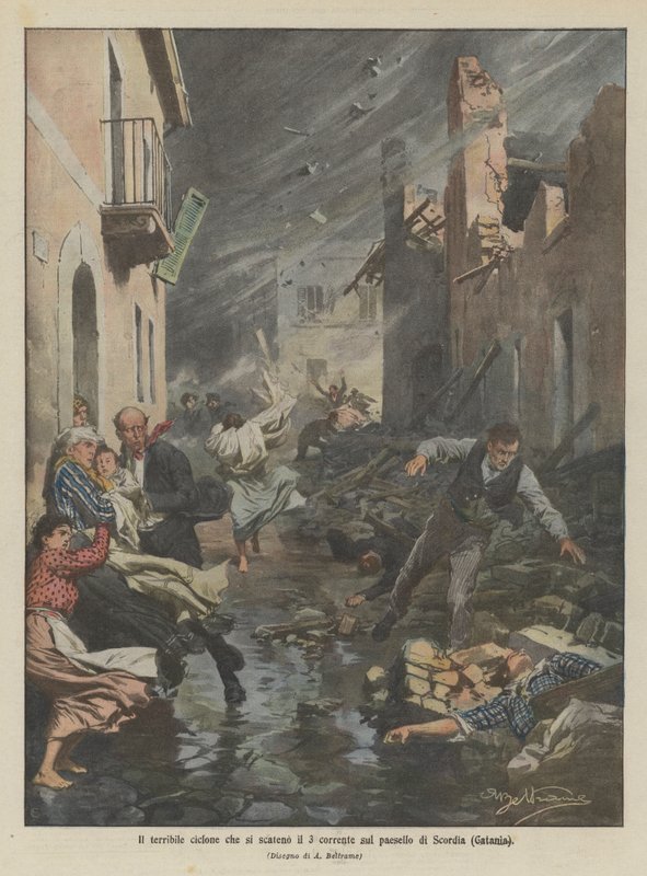 A szörnyű ciklon, amely kitört a 3. áramlaton Scordia faluban (Gatania) alkotó: Achille Beltrame