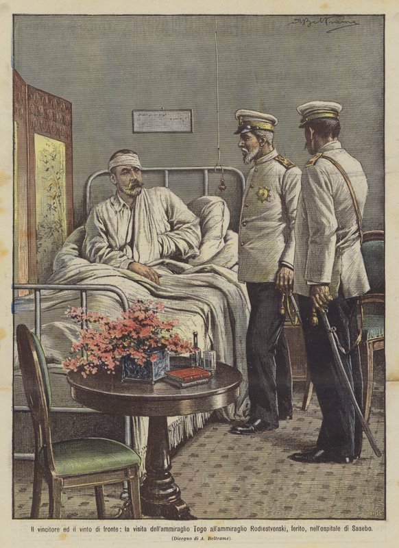 A győztes és a vesztes előtt, Togo admirális látogatása Rodiestvenski admirálisnál? alkotó: Achille Beltrame