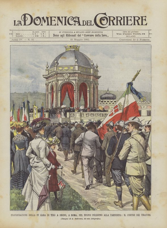 IV. Lövőverseny megnyitója, Rómában, a Farnesina új lőterében, a Corteo Dei Tiratoriban alkotó: Achille Beltrame