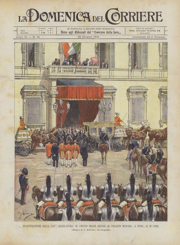 A 21. törvényhozás beiktatása, a királyi körmenet Corr 16-án érkezik a római Palazzo Madama-ba. alkotó: Achille Beltrame