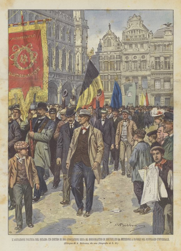 Politikai agitáció Belgiumban, 300 egyesületből álló felvonulás megy a brüsszeli polgármesterhez? alkotó: Achille Beltrame