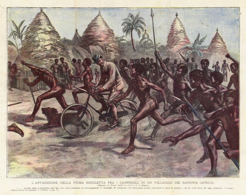 Az első bicikli megjelenése a kannibálok között, egy Bangwa faluban (Afrika) alkotó: Achille Beltrame