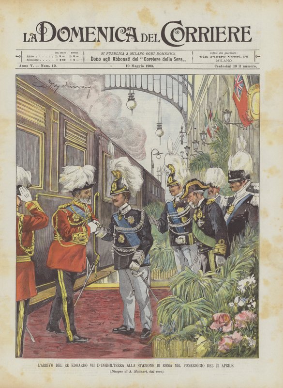 VII. Edward angol király érkezése a római állomásra április 27-én délután alkotó: Achille Beltrame