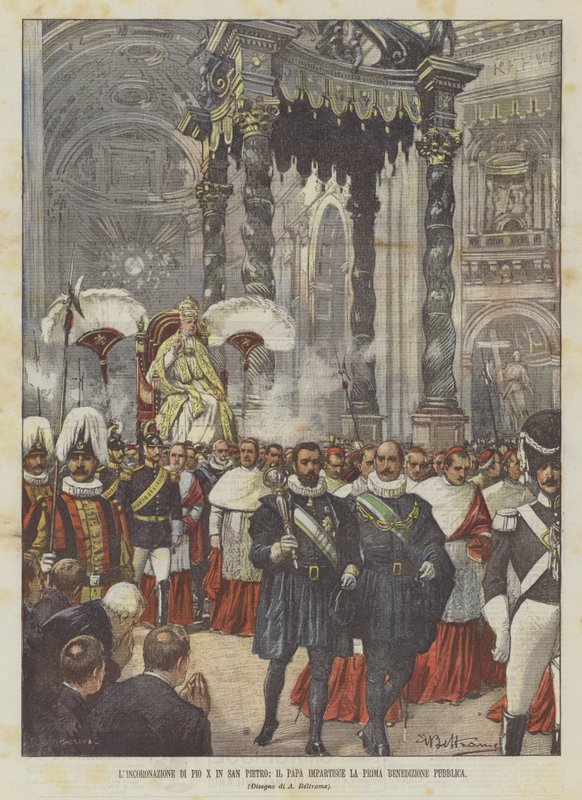 X. Pius koronázása a Szent Péter-templomban, a pápa adja az első nyilvános áldást alkotó: Achille Beltrame