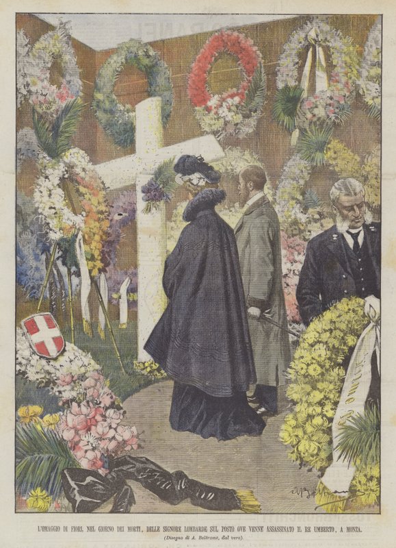 A virágok májusa, a halottak napján, a lombard hölgyek azon a helyen, ahol meggyilkolták? alkotó: Achille Beltrame