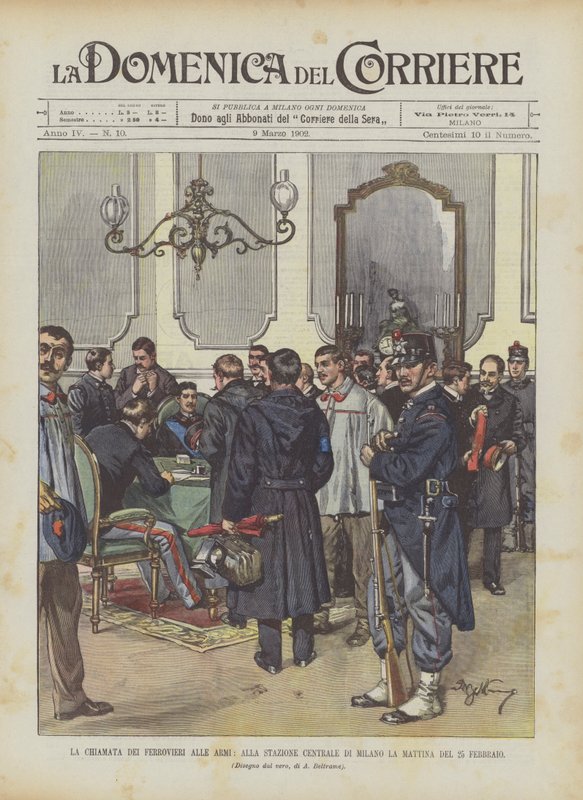 A vasutasok fegyverbe hívása a milánói központi pályaudvaron február 25-én alkotó: Achille Beltrame
