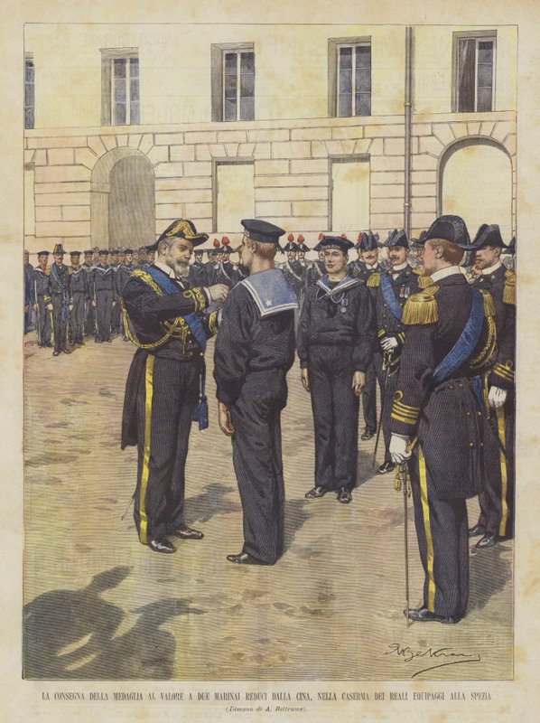 A vitézségi érem átadása két Kínából hazatérő tengerésznek a Royal Crews laktanyában, La Speziában alkotó: Achille Beltrame