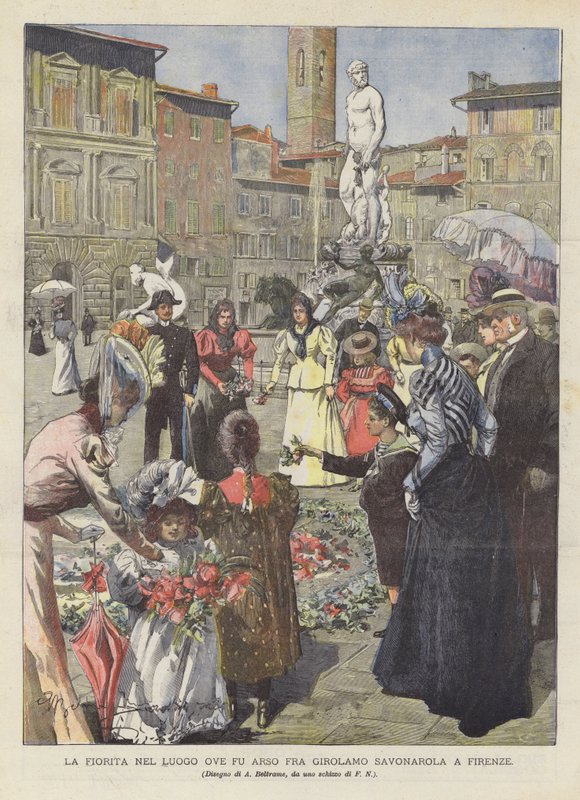 La Fiorita azon a helyen, ahol Fra Girolamo Savonarolát leégették Firenzében alkotó: Achille Beltrame