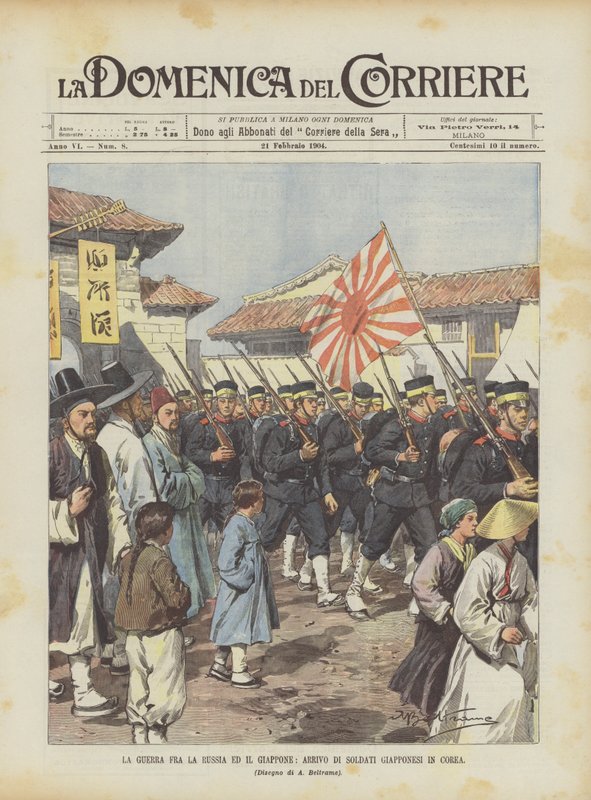 Oroszország és Japán háborúja, japán katonák érkezése Koreába alkotó: Achille Beltrame