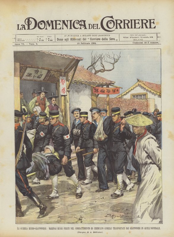 Az orosz-japán háború, az orosz tengerészek megsebesültek a Chemulpo-harcban (Korea) szállították? alkotó: Achille Beltrame
