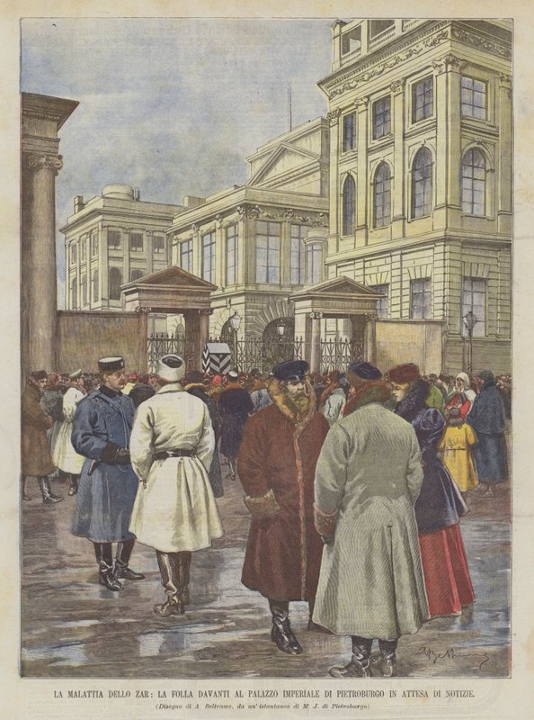A cárkór, a tömeg a pétervári császári palota előtt hírekre vár alkotó: Achille Beltrame