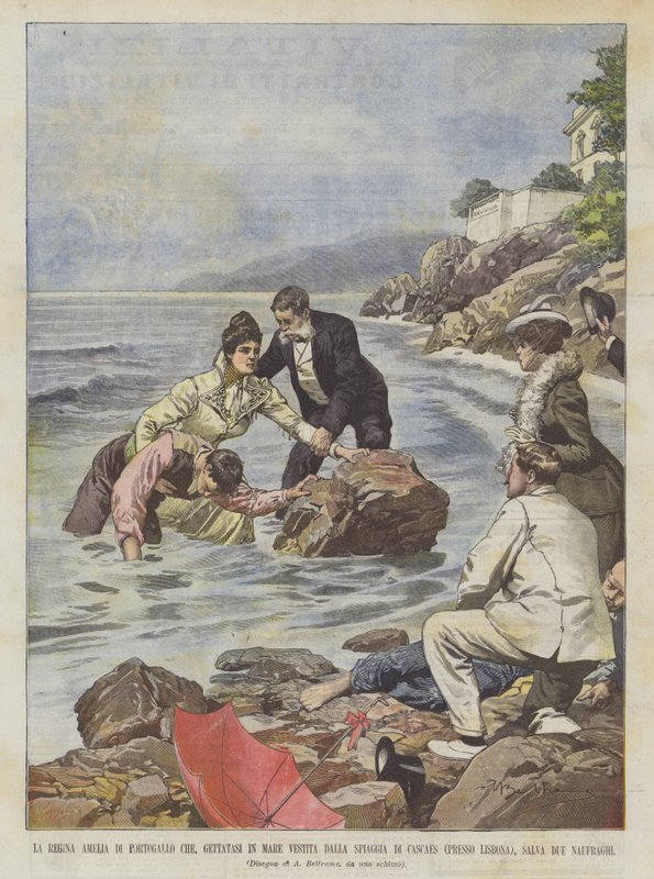 Amelia portugál királynő, akit Cascaes Beach öltözött a tengerbe? alkotó: Achille Beltrame