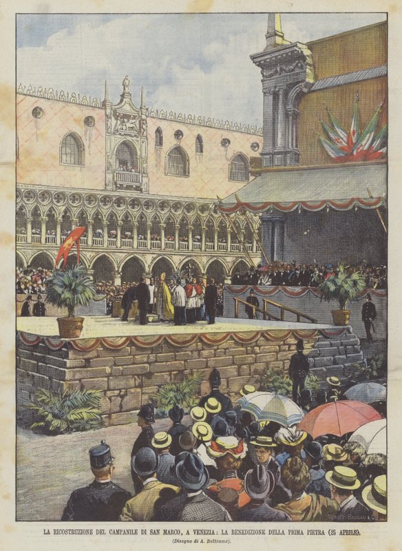 A velencei Campanile di San Marco rekonstrukciója, az első kő megáldása (április 25.) alkotó: Achille Beltrame