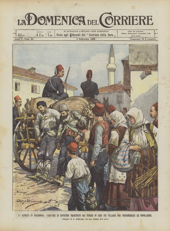 A macedón lázadás, a zavargók holttestét hurcolták a törökök Pei falvai körül? alkotó: Achille Beltrame
