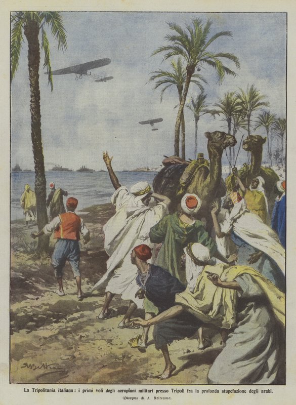 Az olasz Tripolitania, a katonai repülőgépek első repülései Tripoli közelében a mélyek között? alkotó: Achille Beltrame
