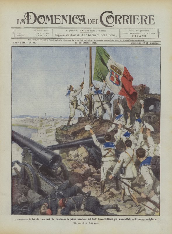 Tripoli meghódítása, tengerészek, akik már kitűzték az első zászlót a török ​​Sultanie-erődre? alkotó: Achille Beltrame