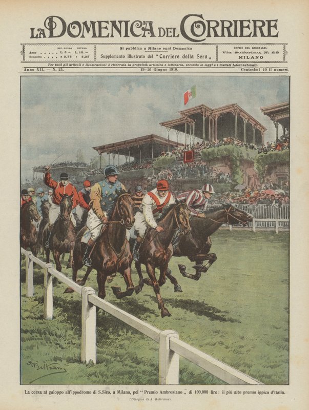 A galopp verseny a milánói SAN Siro versenypályán a 100 000 lírás Ambrosiano-díjért? alkotó: Achille Beltrame