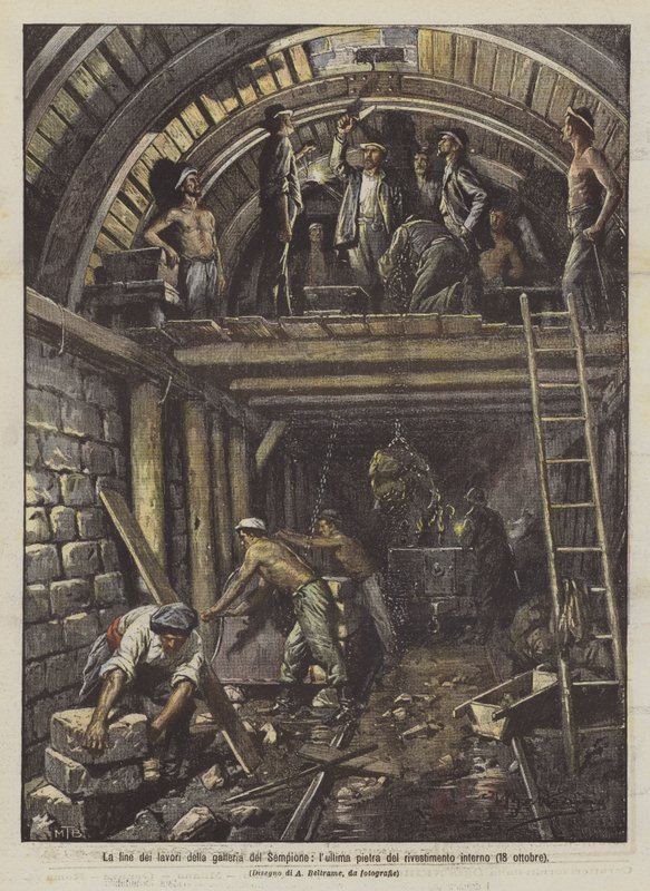 A Simplon alagút, a belső burkolat utolsó köve munkálatai (október 18.) alkotó: Achille Beltrame
