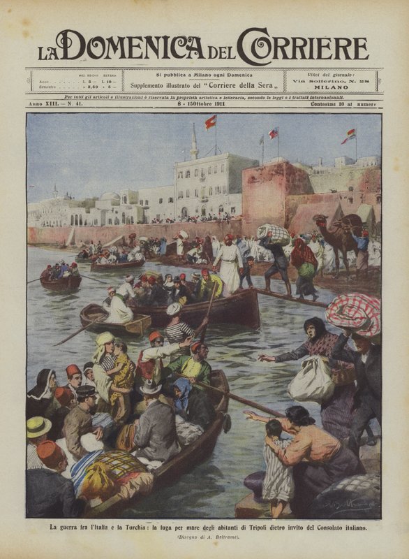 Olaszország és Törökország háborúja, Tripoli lakóinak tengeri repülése a meghívásra? alkotó: Achille Beltrame