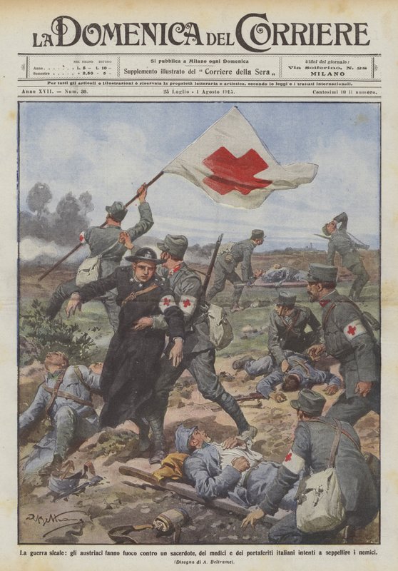 Az igazságtalan háború, az osztrákok papra lőnek, orvosok és fuvarozók? alkotó: Achille Beltrame