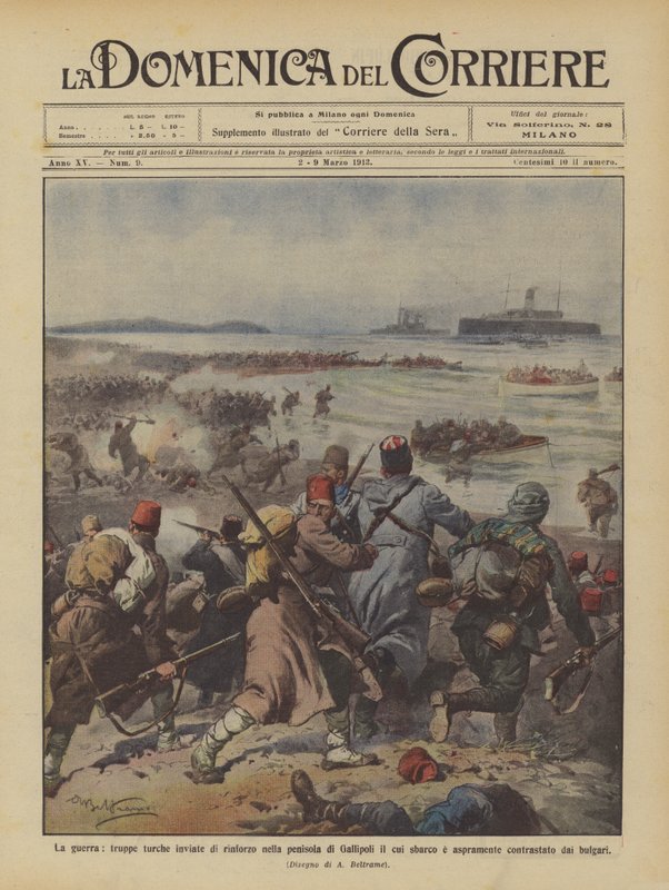 A háború, a Gallipoli-félsziget megerősítésére küldött török ​​csapatok kinek a partraszállása? alkotó: Achille Beltrame