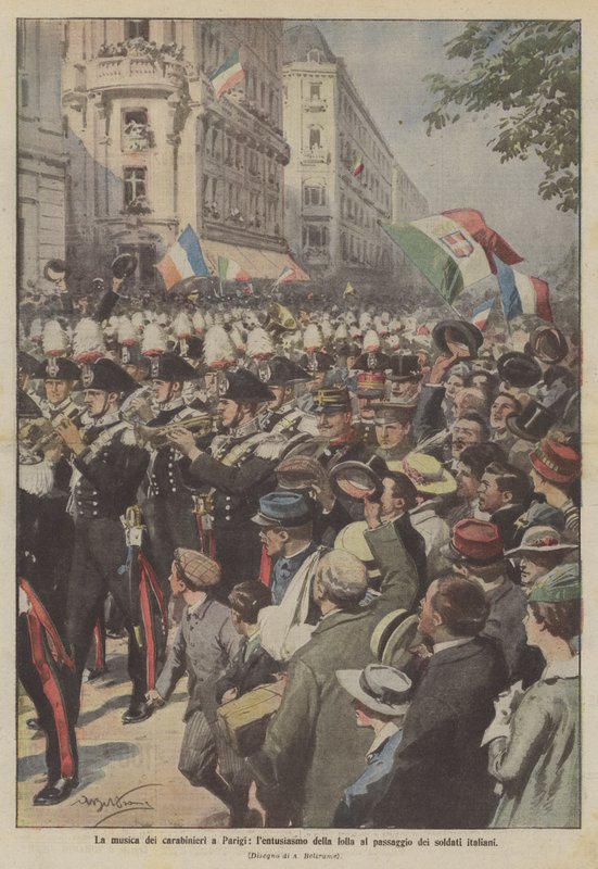 A párizsi karabinierek zenéje, a tömeg lelkesedése, ahogy az olasz katonák elhaladnak mellette alkotó: Achille Beltrame
