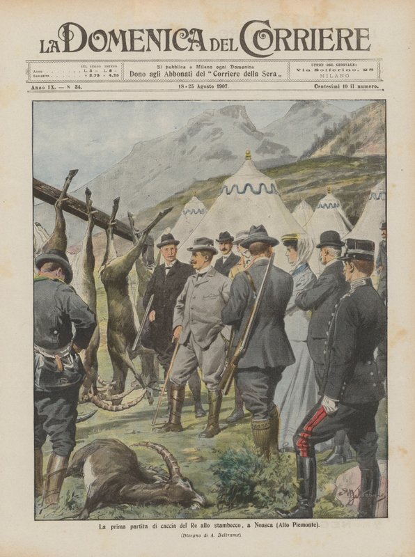 A király első kőszáli kecskevadászmeccse Noascában (Felső-Piemont) alkotó: Achille Beltrame