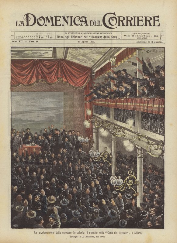 A vasutassztrájk kihirdetése, a milánói Casa dei Ferrovieri nagygyűlése alkotó: Achille Beltrame