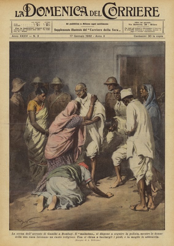 Gandhi letartóztatásának helyszíne Bombayben alkotó: Achille Beltrame
