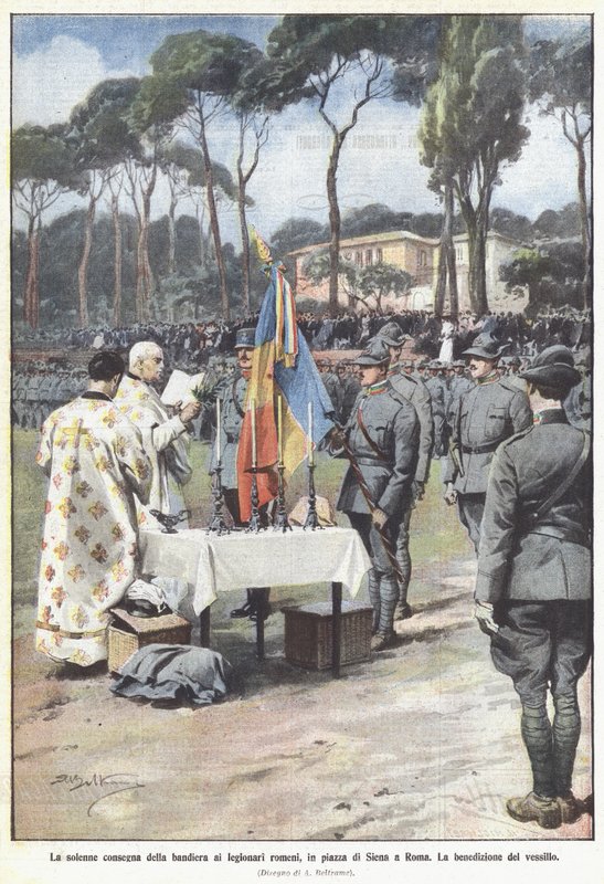 A zászló ünnepélyes átadása a román légiósoknak, a római Piazza di Sienán alkotó: Achille Beltrame