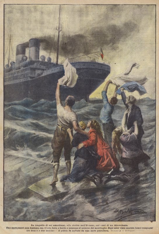 Hat amerikai tragédiája az óceánban, egy hidroplán maradványain alkotó: Achille Beltrame