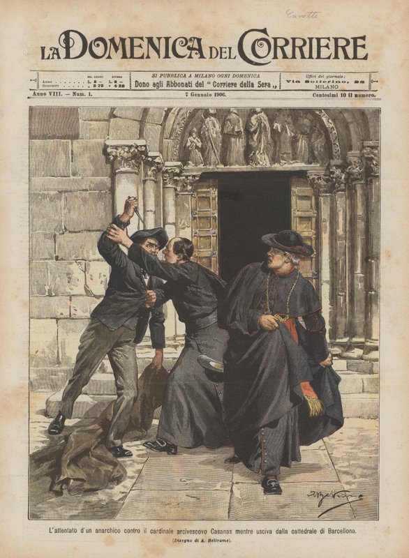 Egy anarchista meggyilkolása Casanas bíboros érsek ellen, amikor elhagyta a barcelonai katedrálist alkotó: Achille Beltrame