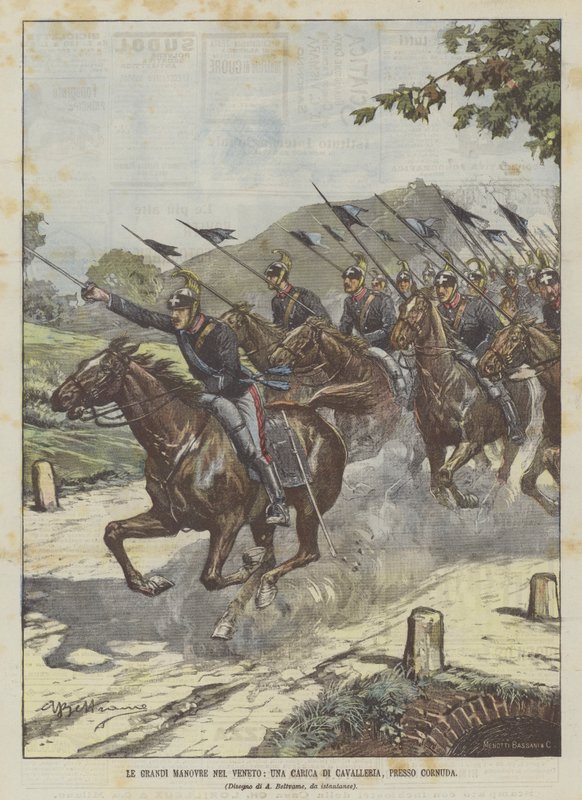 A nagy manőverek Venetóban, egy lovassági roham, Cornuda közelében alkotó: Achille Beltrame